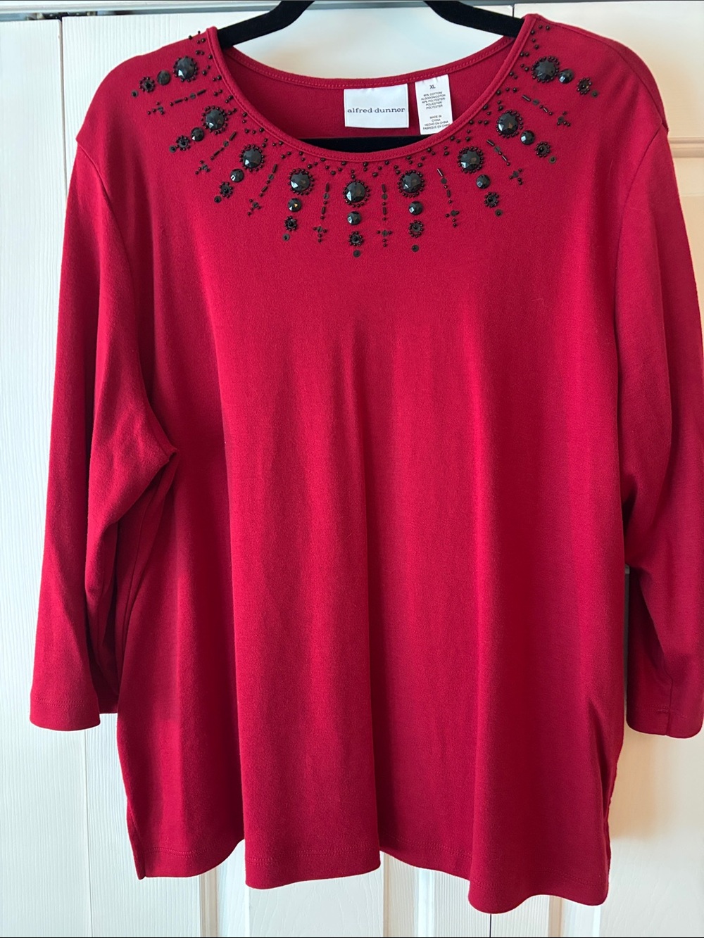 Alfred Dunner Red Scoop Neck Top with Black Beaded Embellishment